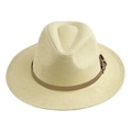 Close-up of beige Panama hat featuring fine weave texture and brown leather belt detail - Adult 58cm One Size / Off White