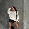 Felpa oversize bianco crema con stampa orso in cotone a maglia con girocollo e maniche lunghe - S / Bianco Sporco