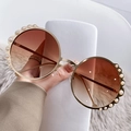 Round frame sunglasses with gradient brown lenses and white pearl accents on gold metal - Gold Frame Gradient Tea