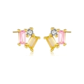 Minimalist S925 sterling silver geometric stud earrings with pink and yellow zircons - 925 Silver / 18K Gold (White Pink)