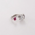 Silver open ring featuring a large clear heart stone and a small round red gem detail - Clear Heart & Red Round (7#)
