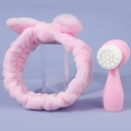Pink bow headband and soft bristle silicone facial cleansing brush set on purple background - Small Standing Brush + Pink Plush Hairband Set / Pink