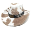 Cappello da cowboy con stampa mucca, fibbia a stella vintage e tessuto in ecopelliccia - Parte Superiore a Cuore / Stampa mucca kaki e bianca
