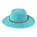 Detail of turquoise wool felt boater hat featuring a brown leather strap and buckle - One Size(58cm) / Lake Blue
