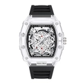 Macro detail of tonneau watch featuring transparent case and hollow mechanical movement - Transparent Black Dial - Black Strap