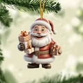 Close-up of a 3D cartoon Santa Claus acrylic ornament hanging on a pine tree branch - Style Wearing Fine Frames with Multiple Gifts (15)