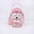 Pink bear-shaped plastic water bottle with straw and shoulder strap for kids - 1000ml / Pink
