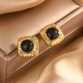 Macro detail of retro square gold stud earrings with marble stone and white diamonds - Square Rhinestone / Gold + Black Turquoise