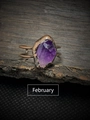 Macro shot of raw February birthstone amethyst set on a vintage bronze adjustable ring - February - Amethyst