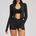 3-delige yoga-set voor dames in zwart met sportjas, sportbeha en shorts met gekruiste taille - S / Premium Zwart