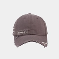 Detail of distressed dark grey baseball cap with vintage frayed edges and artistic embroidery - Dark Gray