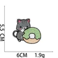 Detail of embroidered gray cat and donut patch showing 6cm x 5.5cm dimensions - 16# Grey Cat with Donut
