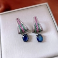 Detailed view of oval blue zircon earrings with multi-color stones in a vintage style - Silver Needle Gunmetal Colorful