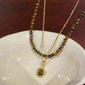Double-layered tiger eye stone beaded necklace with gold plated round pendant for women - Gold Brown Tiger Eye Necklace