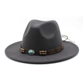 Detail of western fedora hat with turquoise stone and brown leather bead band - M (56-58cm) / Dark Gray