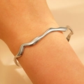 Minimalist silver wavy stainless steel open bangle bracelet with liquid metal finish - Silver Liquid Wave (9663)