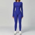 Royal blue brushed yoga jumpsuit with slim fit long sleeves and contrast stitching - S / Top And Bottom / Cobalt Blue