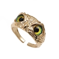 Vintage Eulen-Ring in Gold mit detailliertem Relief und leuchtend grünen Augen - Einstellbar Offen / Grün