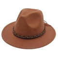 Detail of a brown wool felt fedora featuring a rhinestone and braided leather hatband - M (56-58cm) / Khaki
