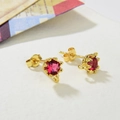 Gold plated crown stud earrings with red cubic zirconia and small hanging loops - Gold Red Zirconia