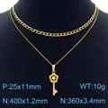 Double-layered gold titanium steel necklace featuring key pendant with white gemstones - Rhinestone Key Style (KN250364-SY)
