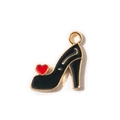 Black enamel high heel shoe pendant with red heart detail and golden metal finish - Black Hanging Plated