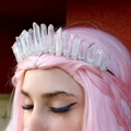 Detail of natural crystal crown headband on model showing bridal hair accessory style - Colorful White + Silver Wire Black Headband