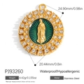 Gold-plated stainless steel Virgin Mary pendant with green enamel and white rhinestones - Green Base Gold Virgin Mary Round Rhinestone Pendant (PJ93260)