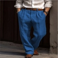 Men's breathable linen straight leg trousers in bright blue color for casual vacation - Navy Blue