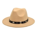 Detailed view of khaki wool fedora featuring a black leather band with silver metal studs - M (56-58cm) / Beige