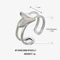 Minimalist silver stainless steel open ring with heart charm and size measurements - Heart Open Style / Steel