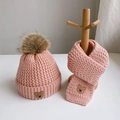 Pink knitted baby hat and scarf set featuring soft brown faux fur pom poms for winter warmth - Bear Label Set / Pink