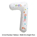 Ballon chiffre 7 blanc de 32 pouces avec imprimé Happy Birthday et motifs de fête - Chiffre 7 / 50 Pièces / Blanc