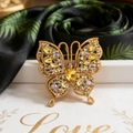 Broche papillon dorée avec cristaux jaunes et strass colorés sur une écharpe en soie - Champagne