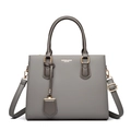 Minimalist grey leather tote bag with detachable strap and golden metal hardware - Gray
