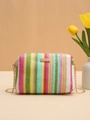 Rainbow straw crossbody bag with colorful chevron patterns and gold chain strap - Green