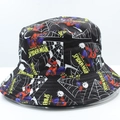 Close-up of the Spider-Man comic print on a reversible cotton black bucket hat - 22# Hero Character Cartoon Print
