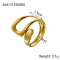 Polished golden stainless steel teardrop open ring with size and weight dimensions - Unique Hollow Design Style (AJ41312D0W0)