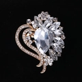 Sparkling crystal flower brooch with water drop gemstone on golden alloy base - MM-BR-0026 / Gold