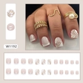Unghie finte corte squadrate rosa nude con punte French e linee dorate ondulate - W1192 Linee Minimaliste (Stile Colla)