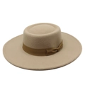 Detail of light beige wool felt fedora featuring a dark brown ribbon and flat brim - M (56-58cm) / Khaki