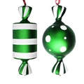 Christmas green and white candy ornaments with red hanging strings for holiday decoration - Set B Green White Round and Cylinder Candy Set