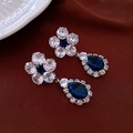 Elegant floral silver earrings with deep blue waterdrop zircon and sparkling crystals - Blue Zircon Flower Water Drop Stud Earrings