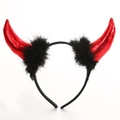 Halloween devil horn headband with red sequins and black plush trim on a slim band - Metallic Red Horn with Black Feather