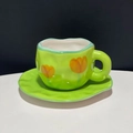Hand-painted green ceramic coffee cup and saucer set with orange tulip patterns - Green Tulip Cup & Saucer