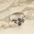 Oxidized silver flower ring with dual rose blossoms and realistic leaf textures - Rose Flower Ring
