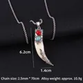Vintage wolf tooth pendant necklace in stainless steel with turquoise style gemstones - Wolf Tooth No.36 + 70cm Steel Chain
