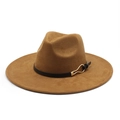 Eleganter brauner Fedora Hut mit breiter Krempe, Lederband und goldener Schnalle - M (56-59cm) / Khaki Wildleder