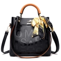 Black pebbled leather tote with brown handles and embossed Roma Saro branding - Black/Yellow Handles/With Scarf