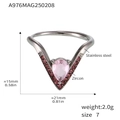 V-shaped stainless steel ring with pink teardrop zircon and pavé side stones in size 7 - Silver With Pink Zirconia